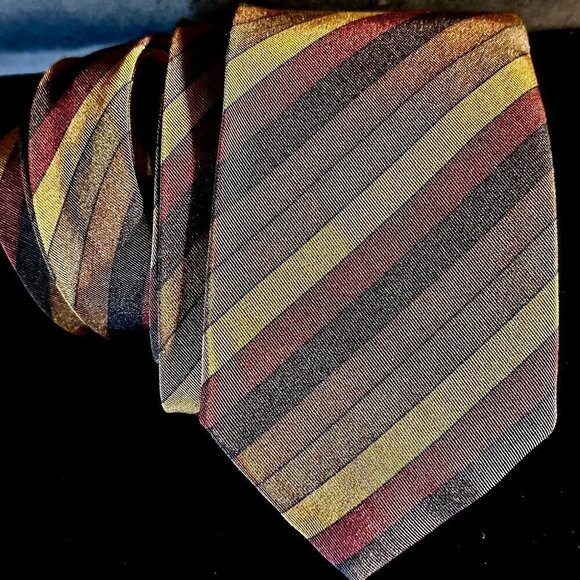 Yves Saint Laurent YSL Mens Tie Silk Neckwear Striped Neutral Red Gray Brown - Picture 1 of 6